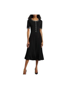Elie Tahari Leona Black Knit Sweater Dress with Pearl Embellishments. Size M